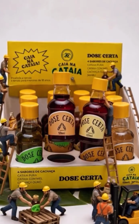 Caixa amarela Dose Certa da Caia na Cataia com garrafinhas de 4 sabores de cachaça, cercada por miniaturas de operários